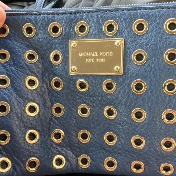 Michael kor large blue leather gold grommet wristlet bag
